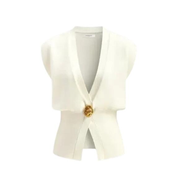 Commense Cream Sleeveless Wrap Top L with Gold Button Waist Detail - Picture 6 of 6